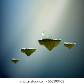 snowdrop on the flying rock, spring in the dreamland, spring on the heavens, first spring ray, vector