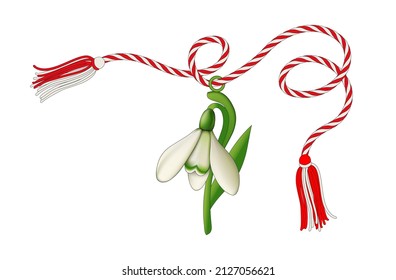 Snowdrop pendant with red-white string. Known as "martisor" it is a Romanian symbol of spring offered to loved ones as a talisman of good luck, health, friendship and love. Vector illustration