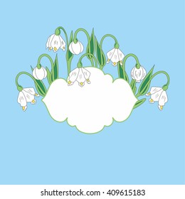 snowdrop in a rounded label or frame. Spring flowers of the plant family Amaryllidaceae
