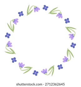 Snowdrop Spring Wreath. Cute hand drawn Summer Wildflower Round border. Purple Flower Floral Chaplet. Minimal Colorful Card Template with copy space for text