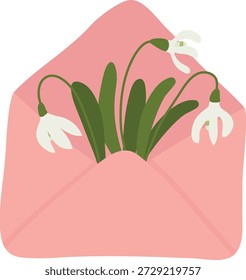Snowdrop stems peek from an open envelope with soft shapes and clean shading. Symbol of spring, renewal, greeting, and love message. Cartoon vector illustration.