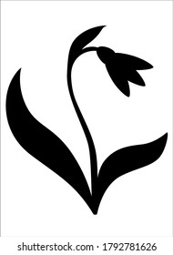 Snowdrop with two leaves - black vector silhouette for pictogram or logo. Snowdrop - sign or icon. Gardening.