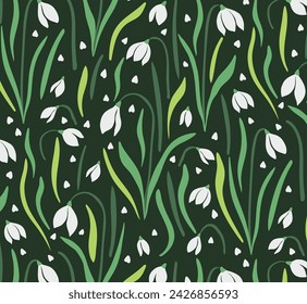 Snowdrops background, spring, botanical, blossom, floral, green, greenery, snowdrop, cute, whimsical, aesthetical, print, fashion, wallpaper, texture, fabric, vector illustration