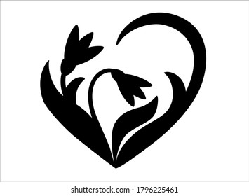 Snowdrops - black vector silhouette for pictogram or logo. Snowdrop flowers and leaves - sign or icon.