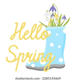 gotas de nieve en botas azules de goma. Hola primavera. Jardinería. ilustración vectorial