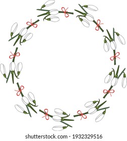 Snowdrops bouquet wreath floral frame vector. Spring flowers white snowdrops border for creating greeting cards, wedding invitations, valentines, etc. 