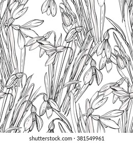 snowdrops, buds,seamless pattern,coloring books for children and adults, ink, pen, leaves, buds, flowers, handmade,black and white