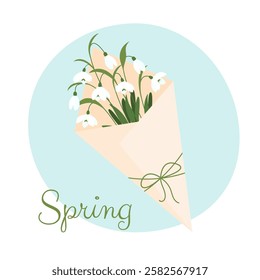 Snowdrops in craft envelope. Bouquet of snowdrops in flat style. Vector illustration