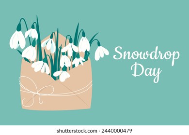 Gotas de nieve, sobre con flores de primavera. Flores blancas de primavera. Día de gota de nieve. Ilustración vectorial aislada sobre fondo azul. Banner de primavera para la venta de temporada. Postal con nieve