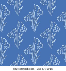Snowdrops flower on blue background seamless pattern in line art style. Hand drawn floral print for spring design, wallpaper, postcard.