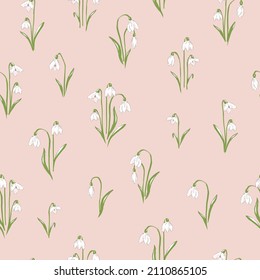 Las gotas de nieve flaquean sobre el fondo rosado de la mano dibujado a mano vectorial sin fisuras. Vintage Romantic Spring Garden Bloom fondo. Impresión floral retro para el diseño de primavera de Pascua