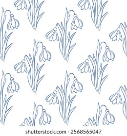 Snowdrops flower on white background seamless pattern in line art style. Floral print for spring design, wallpaper, postcard.