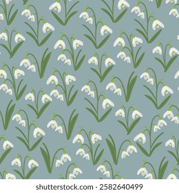 Snowdrops flower seamless pattern. Vector clipart, illustration with isolated background.