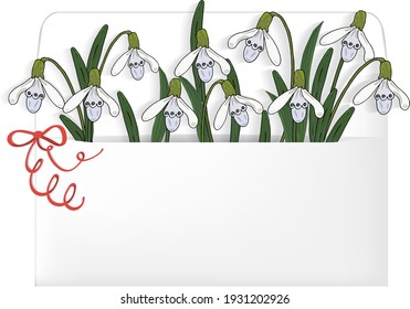 Nieve lanza flores en un sobre de correo. Marco vectorial florístico.  Clipart para crear tarjetas de felicitación, invitaciones de boda, saludos de feliz cumpleaños, y más. Flores de primavera nevan en un sobre.