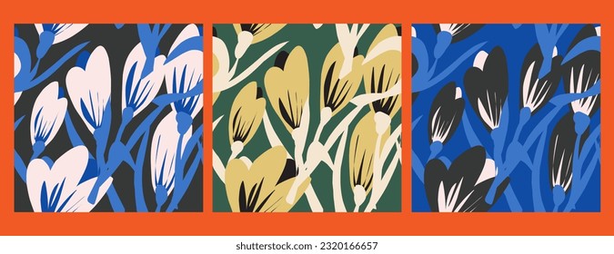 Snowdrops. Flowers. Set of seamless patterns in flat style hand drawn illustration. Floral pattern. Vector collection for design, print, fabric, wallpaper, paper, etc.