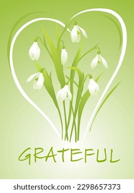 Snowdrops framed in the shape of a heart. Illustration for poster, postcards.
