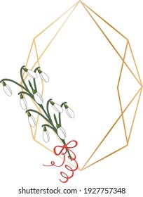 Snowdrops and golden asymmetric frame vector. Spring flowers snowdrops in a golden frame are perfect for greeting cards, invitations, etc.