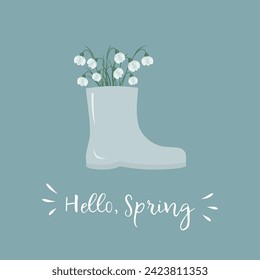 Snowdrops in gray rain boot. White spring flowers. Hello Spring concept. Floral composition. First spring flowers. Vector illustration on blue