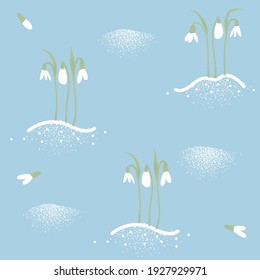 Schneeberge wachsen auf dem Schnee auf. Es ist Frühlingsgrafik. Für Poster, Druck, Verpackung
