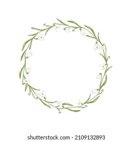 Snowdrops hand drawn flower wreath vector illustration isolated on white. Vintage Romantic spring floral round frame. Botanical floral arrangement for wedding invitation, Birthday, Easter design