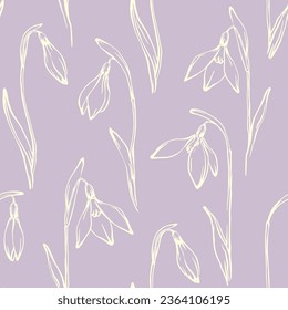 Snowdrops hand drawn seamless pattern. Line flowers drawings on light purple background. Spring floral print design for textile, wallpapers or wrapping.
