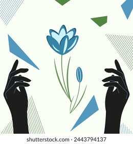 Snowdrops in hands Frame on trendy Geometrical background. Nature Spring art with Crocus and Geometric shapes. Vector illustration can used wallpaper t-shirt print. Postcard cover template. EPS 10