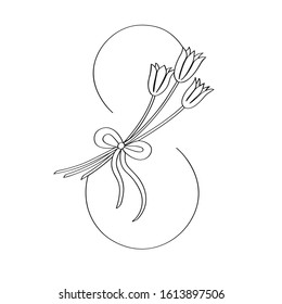 Snowdrops inscribed in a figure eight drawn by a continuous line,isolated on a white background. Sketch for postcard from March 8. Vector stock illustration