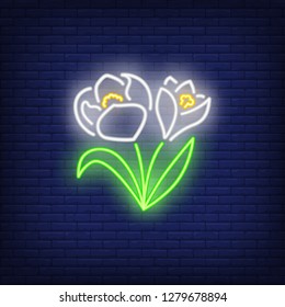 Snowdrops neon sign. Flowers with green leaves on brick wall background. Vector illustration in neon style for topics like spring, march, forest