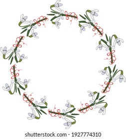 Snowdrops round floral frame vector. Spring flowers snowdrops are perfect for creating greeting cards, wedding invitations, valentines, etc. 