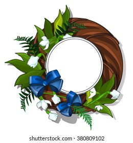 Snowdrops in a round wooden frame. Vector.