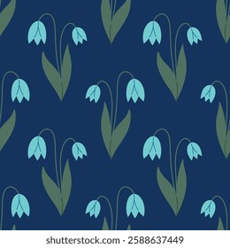 Snowdrops seamless pattern. Flower of Snowdrops on dark blue background. Doodle style. Hand drawn Vector texture. Fabric design. Flat design