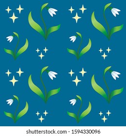 Snowdrops - seamless pattern. Snowdrop flower with leaves and bright yellow stars on a classic blue background - spring vector seamless pattern - primroses.
