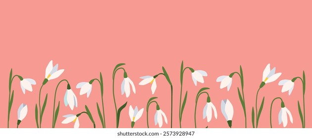 Snowdrops Spring background with place for text. Early spring flowers. Botanical floral border. Great for greeting cards, banners, flyers, birthday and mom's day greetings. Vector.