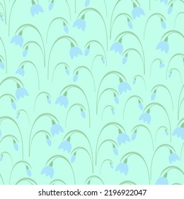 Snowdrops. Spring bouquet. Blue buds. Seamless vector pattern. Isolated green background. Endless summer ornament of delicate plants with green leaves. Flat style. Delicate floral background.