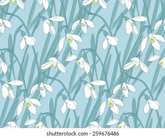 Snowdrops spring seamless background. Hand-drawn vector illustration
