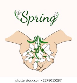 Snowdrops. Spring Vector card. Flowers in hands. First spring flowers. Snowdrop day poster.