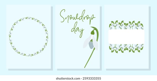 Snowdrops template set. Delicate white flowers with a minimalist, nature-inspired aesthetic. Ideal for organic products, packaging, invitations, and seasonal promotions. Vector illustration