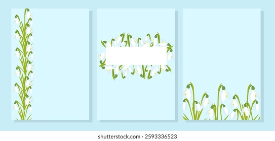 Snowdrops template set. Delicate white flowers with a minimalist, nature-inspired aesthetic. Ideal for organic products, packaging, invitations, and seasonal promotions. Vector illustration