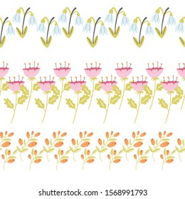 Snowdrops, Tulips, Berries Vector Seamless Horizontal Borders Set