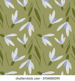 Snowdrops vector seamless patten ongreen background