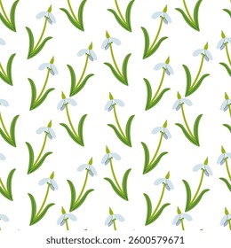 Snowdrops vector seamless pattern on white background. Spring. Awakening. Hand drawn illustration on white for fabric and paper design.