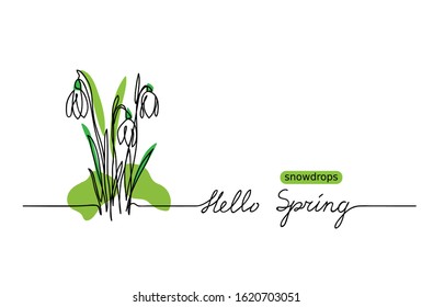 Snowdrops vector sketch and lettering Hello Spring. First flowers one continuous line drawing. Hello Spring  handwritten greeting. 