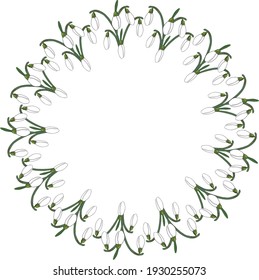 Las gotas de nieve cortan el vector del marco floral. Flores de primavera nevadas blancas redondeando el borde para crear bellas tarjetas de felicitación, invitaciones de boda, tarjetas de San Valentín, etc.