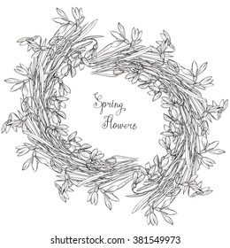 snowdrops, wreath of flowers,coloring books for children and adults, black and white,  ink, pen, handmade, leaves, buds, flowers