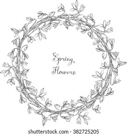 snowdrops, wreath of flowers,coloring books for children and adults,  ink, pen, handmade,  buds, flowers, black and white