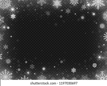 Snowed Border Frame. Christmas Holiday Snow, Clear Frost Blizzard Snowflakes And Silver Snowflake. White Sequins Flake Falling On New Year Holiday Party Vector Illustration