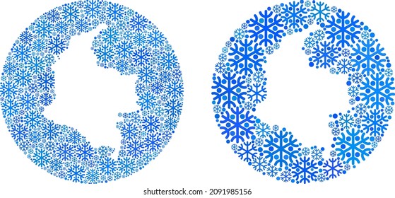 Snowed Colombia map collage designed with sphere and subtracted shape. Vector Colombia map collage of ice items in various sizes and blue color tints. Designed for Christmas ads.
