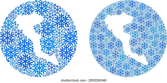 Schneehunde Korfu Island Kartencollage ist mit Kreis und subtrahiert Form entworfen. Vector Korfu Island Karte Sammlung von Schneegegenständen in verschiedenen Größen und blauen Farben. Für Neujahrsanzeigen konzipiert.