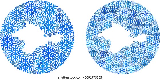 Snowed Crimea map collage is created with circle and stencil. Vector Crimea map mosaic of ice parts in different sizes and blue color tones. Created for winter projects.