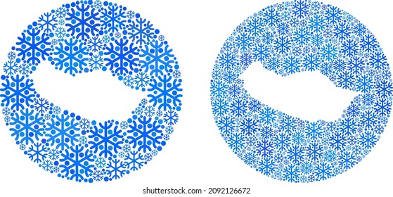 Snowed Madeira map mosaic is created with sphere and subtracted space. Vector Madeira map mosaic of snow items in different sizes and blue color tones. Created for New Year promotion.